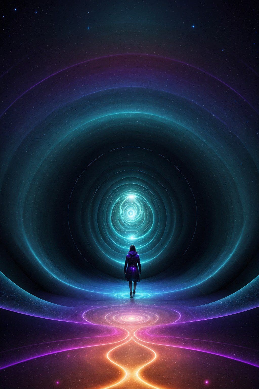 An astral traveler navigating through an interdimensional tunnel
