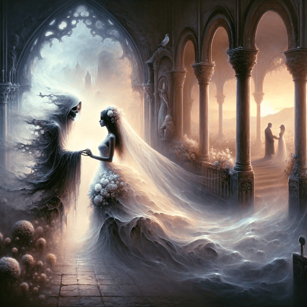 A surreal and symbolic digital painting depicting the concept of a wedding intertwined with the theme of death.